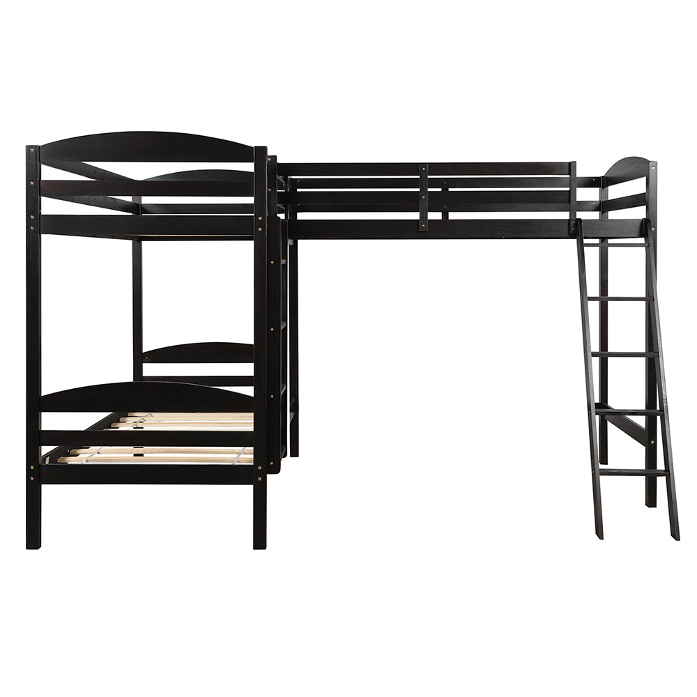 Twin-Over-Twin Size L-Shaped Bunk Bed Frame with Loft Bed, Ladder, and Wooden Slats Support, No Spring Box Required (Frame Only) - Espresso