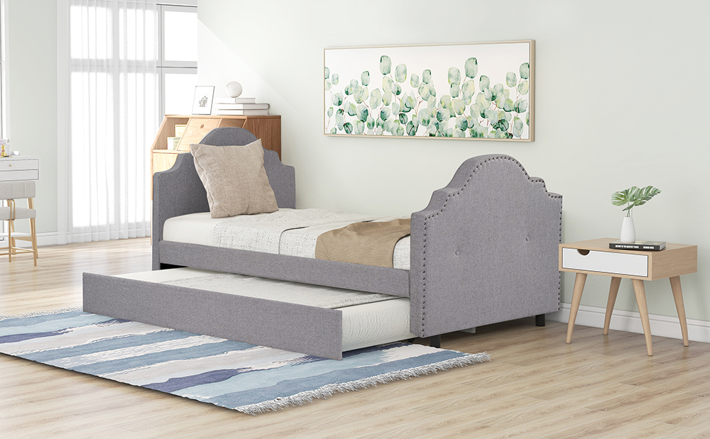 Twin Size Linen Upholstered Daybed with Trundle Bed, and Wooden Slats Support, Space-saving Design, No Box Spring Needed - Gray