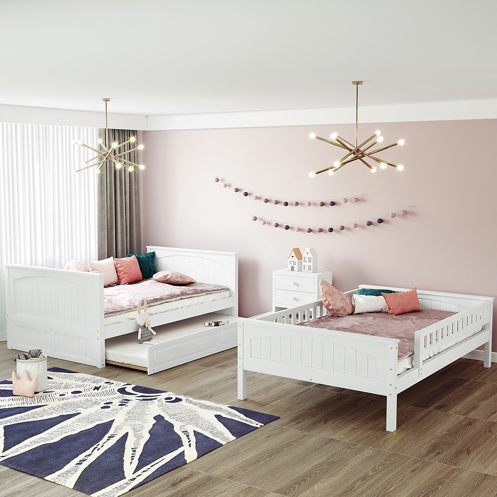 Full-Over-Full Size Bunk Bed Frame with Trundle Bed, and Wooden Slats Support, No Spring Box Required (Frame Only) - White