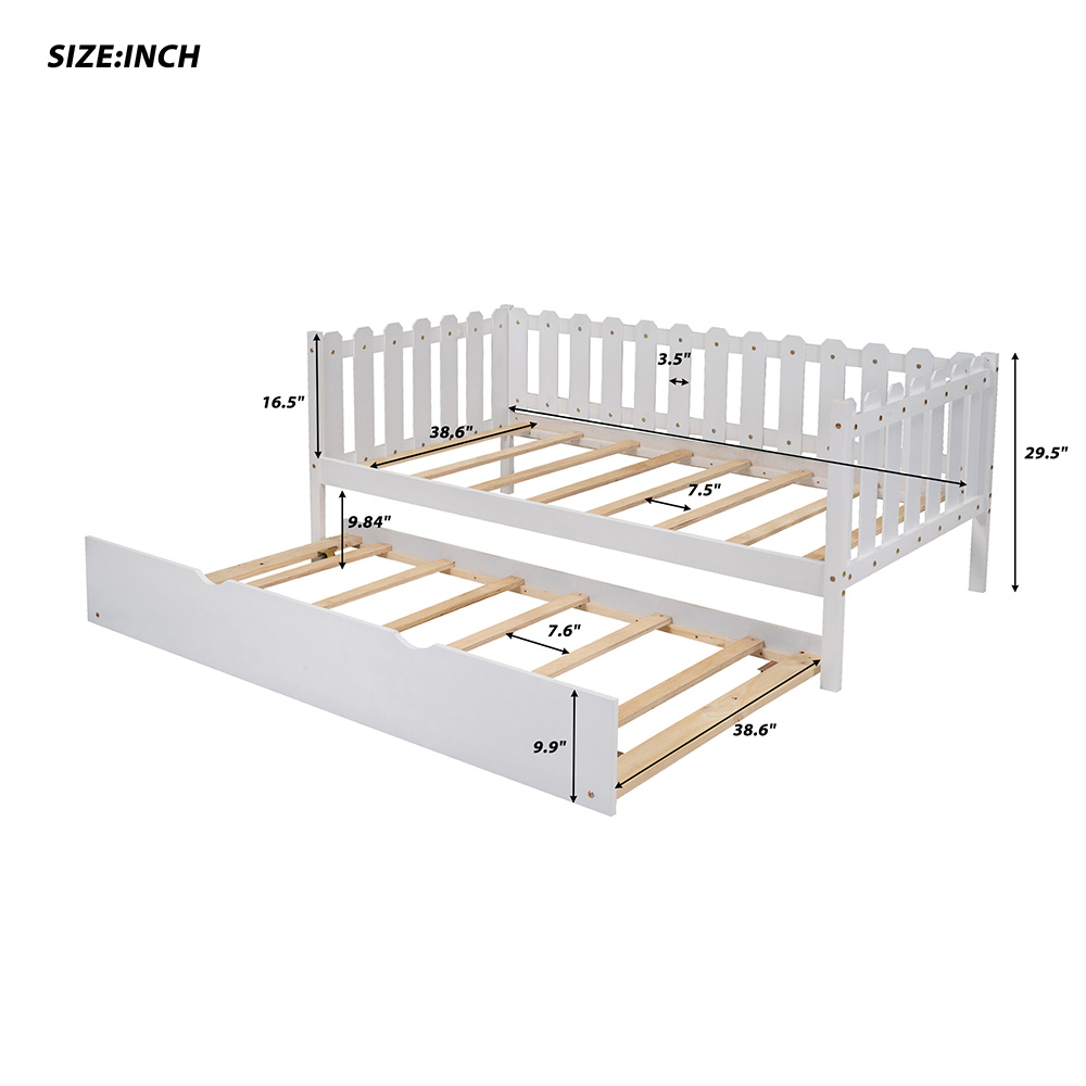 Twin Size Rustic Style Daybed with Trundle Bed, and Wooden Slats Support, Space-saving Design, No Box Spring Needed - White