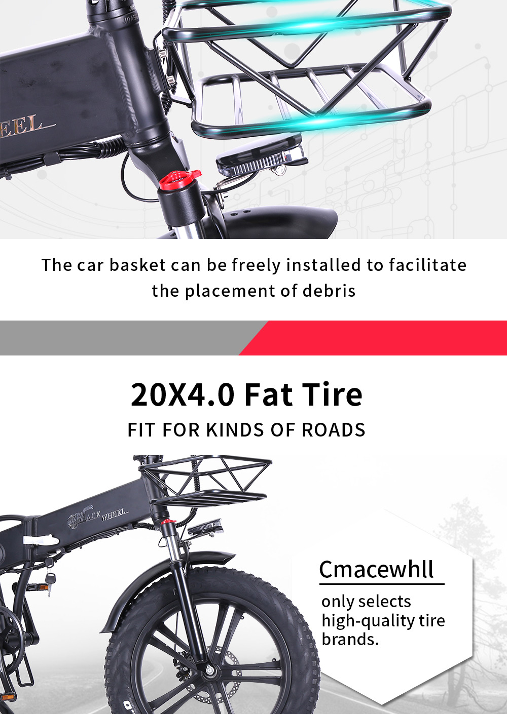 CMACEWHEEL GW20 Pro Folding Electric Moped Bike CST 20*4.0 Fat Tire Five Speeds 750W Motor 48V 10Ah Battery 40km Range Max Speed 45km/h Aluminum Alloy Body - Black