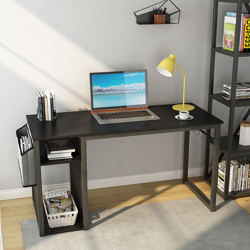 Home Office 55" Computer Desk with Side Bag, Storage Shelves, Wooden Tabletop and Metal Frame, for Game Room, Office, Study Room - Black