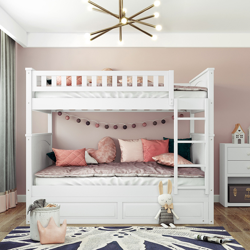 Full-Over-Full Size Bunk Bed Frame with Trundle Bed, and Wooden Slats Support, No Spring Box Required (Frame Only) - White