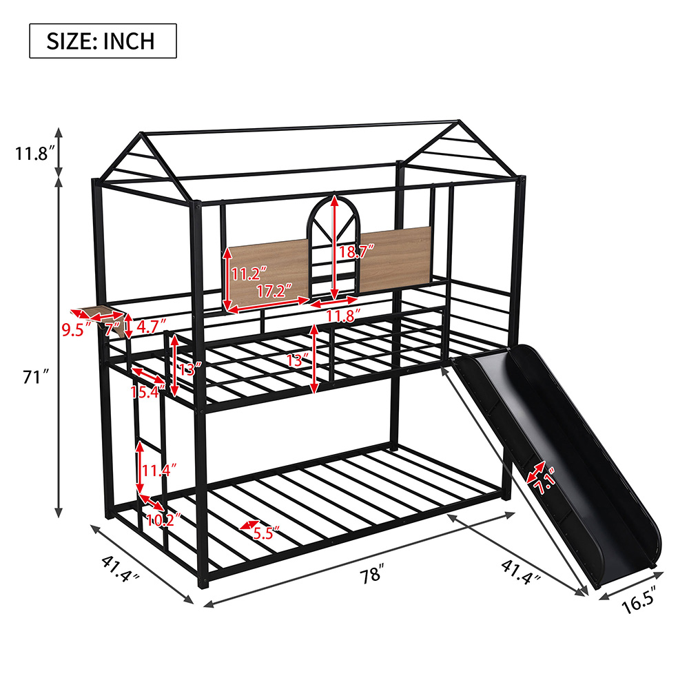 Twin-Over-Twin Size Bunk Bed Frame with Slide, Ladder, and Metal Slats Support, No Spring Box Required (Frame Only) - Black