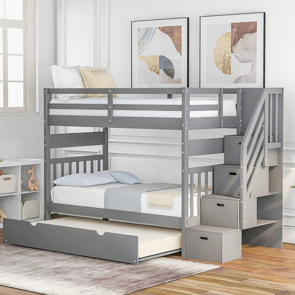 Full-Over-Twin/Full Size Bunk Bed Frame with Trundle Bed, Storage Stairs, and Wooden Slats Support, No Spring Box Required (Frame Only) - Gray