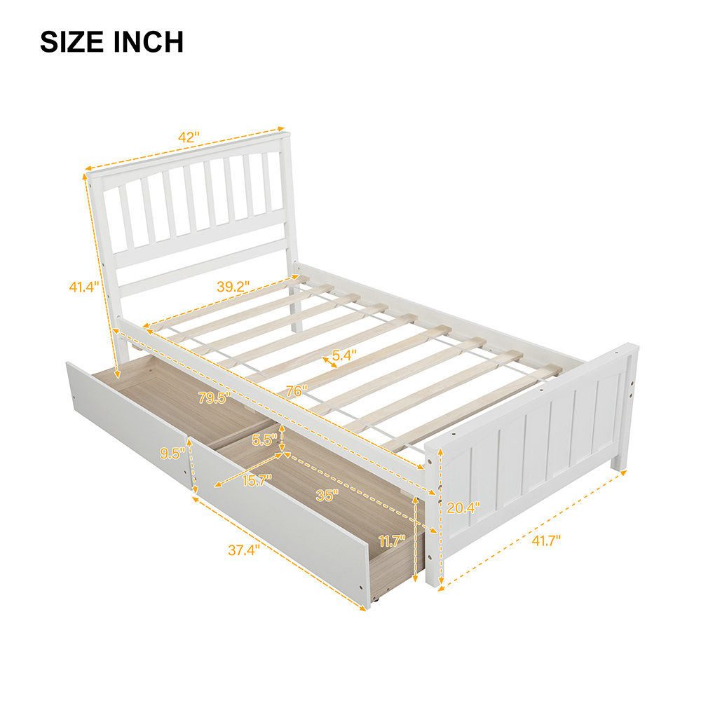 Twin-Size Platform Bed Frame with 2 Storage Drawers, Headboard and Wooden Slats Support, No Box Spring Needed (Only Frame) - White