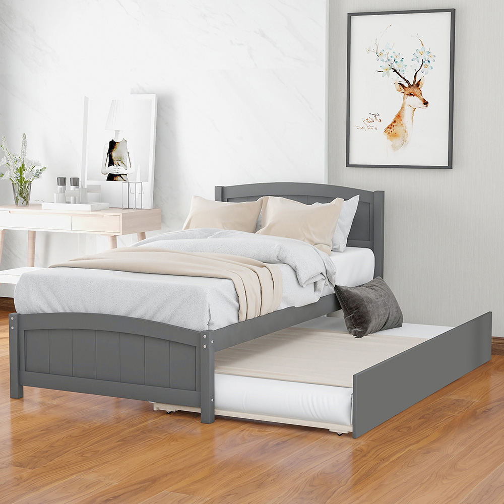 Twin-Size Platform Bed Frame with Trundle Bed, Headboard, and Wooden Slats Support, No Box Spring Needed (Only Frame) - Gray