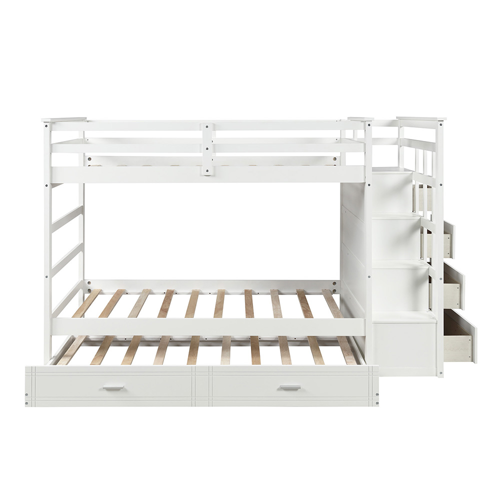 Twin-Over-Twin Size Bunk Bed Frame with Trundle Bed, Storage Stairs, and Wooden Slats Support, No Spring Box Required (Frame Only) - White