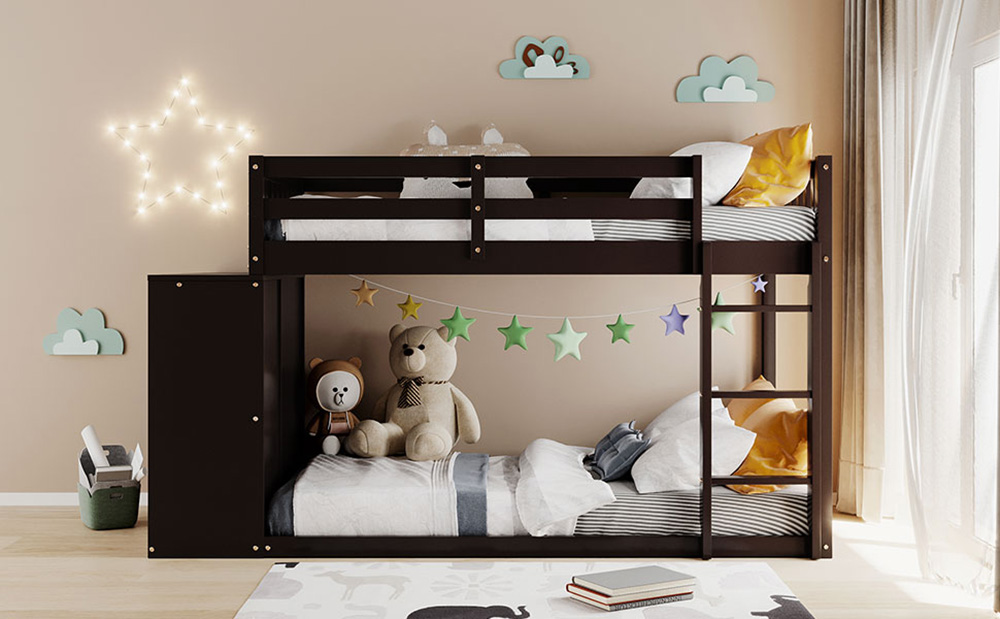 Twin-Over-Twin Size Bunk Bed Frame with 4 Storage Drawers, 3 Shelves, and Wooden Slats Support, No Spring Box Required (Frame Only) - Espresso