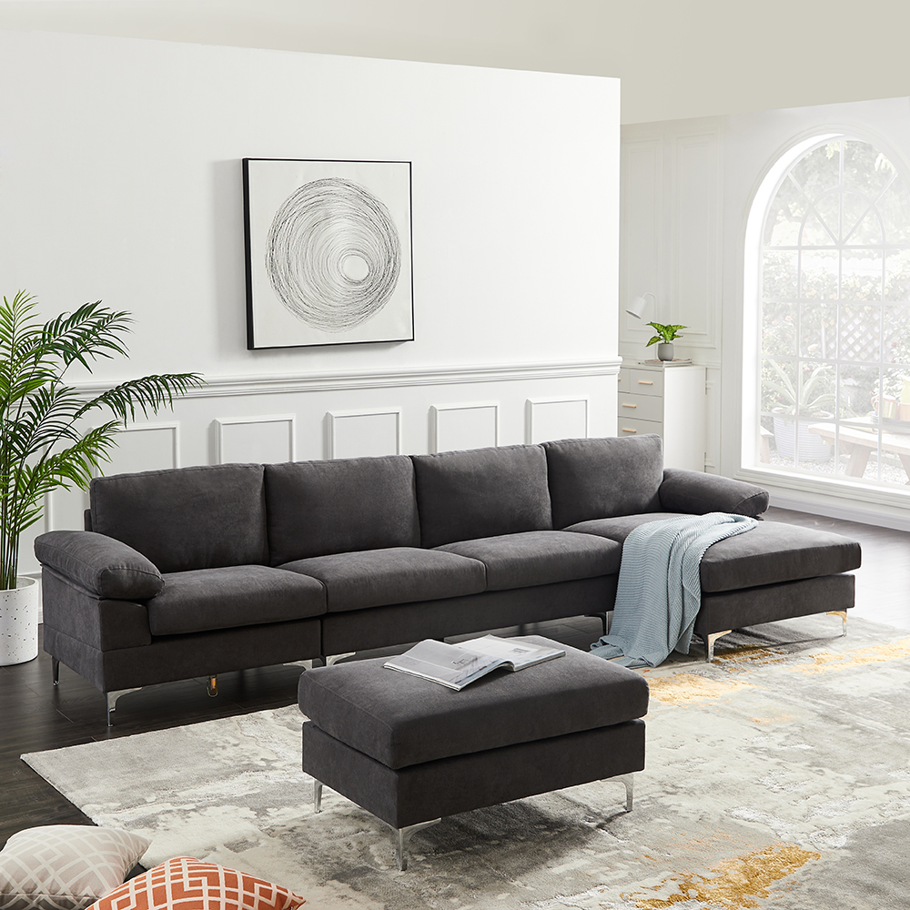 131" 5-Seat Fabric Upholstered Convertible Sectional Sofa with Ottoman, Wooden Frame, and Metal Legs, for Living Room, Bedroom, Office, Apartment - Dark Gray