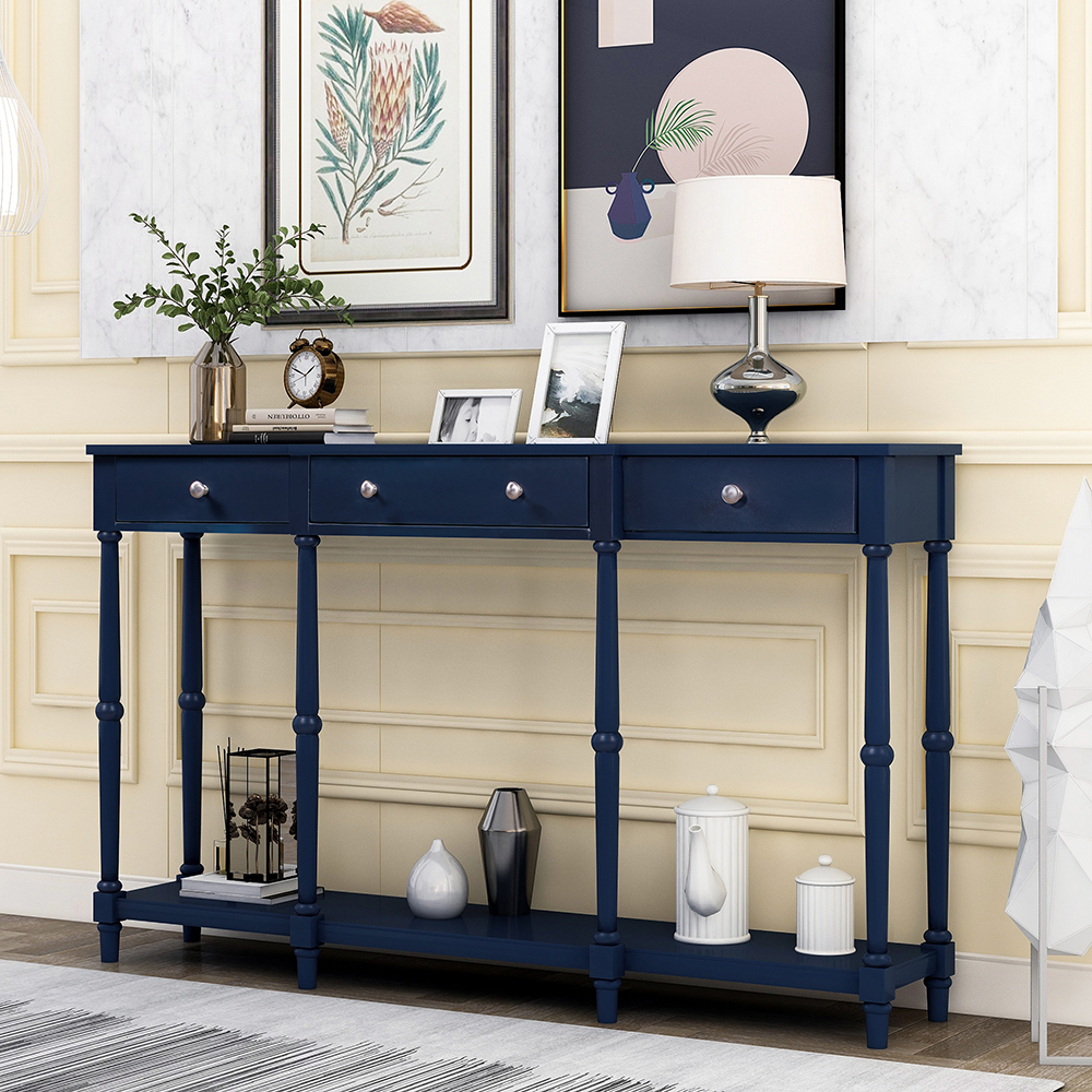U-STYLE 58" Modern Style Wooden Console Table with 3 Storage Drawers, and Bottom Shelf, for Entrance, Hallway, Dining Room, Kitchen - Navy