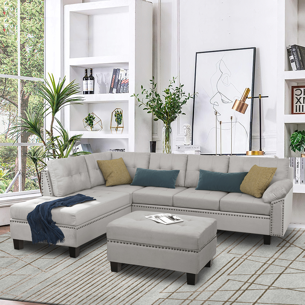 TREXM 105.1" Microsuede Upholstered Sectional Sofa with Storage Ottoman, Wooden Frame, and Plastic Legs, for Living Room, Bedroom, Office, Apartment - Gray