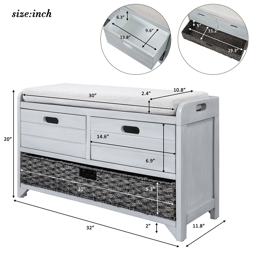 TREXM 32" Linen Blend Storage Bench with Removable Basket and 2 Drawers, for Entrance, Hallway, Bedroom - Light Gray