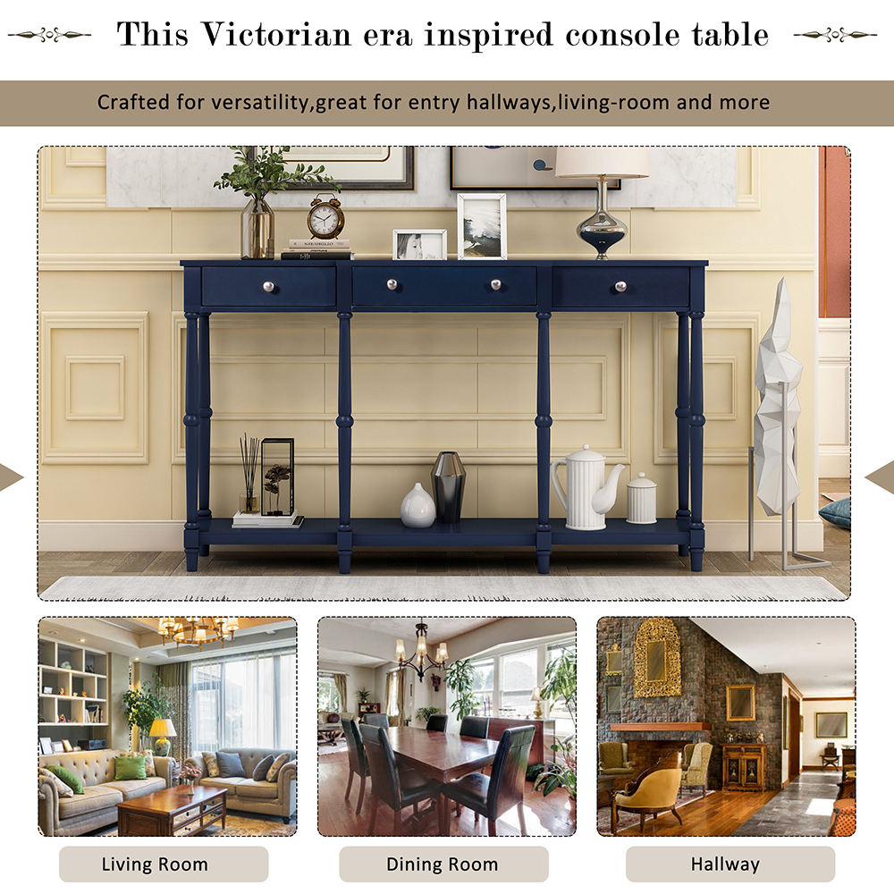 U-STYLE 58" Modern Style Wooden Console Table with 3 Storage Drawers, and Bottom Shelf, for Entrance, Hallway, Dining Room, Kitchen - Navy