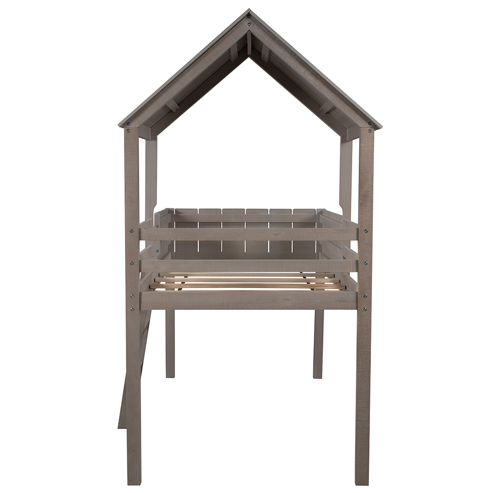Twin-Size House-Shaped Loft Bed Frame with Guardrail, Ladder, and Wooden Slats Support, Space-saving Design, No Box Spring Needed - Gray Wash