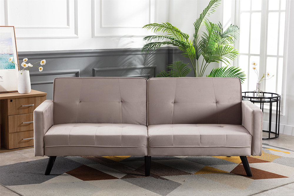 COOLMORE 2-Seat Velvet Upholstered Sofa Bed with Wooden Frame, for Living Room, Bedroom, Office, Apartment - Beige