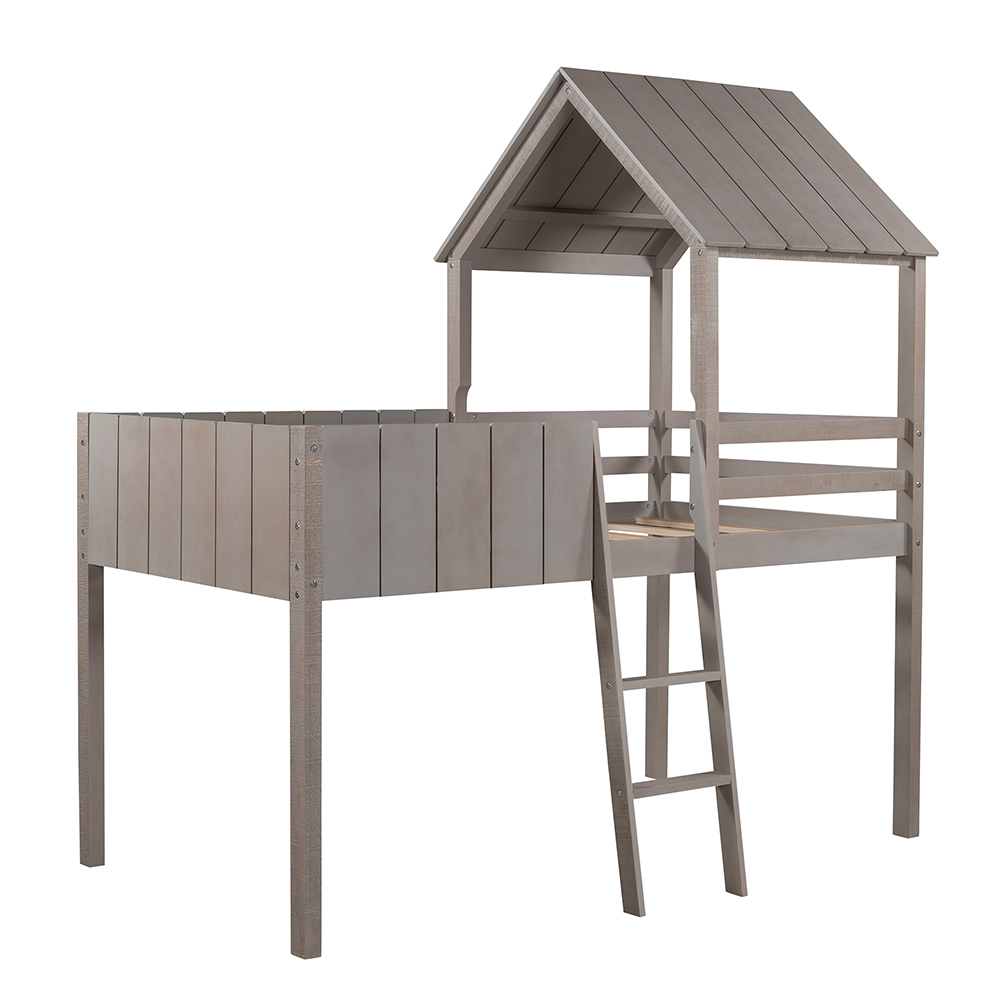 Twin-Size House-Shaped Loft Bed Frame with Guardrail, Ladder, and Wooden Slats Support, Space-saving Design, No Box Spring Needed - Gray Wash