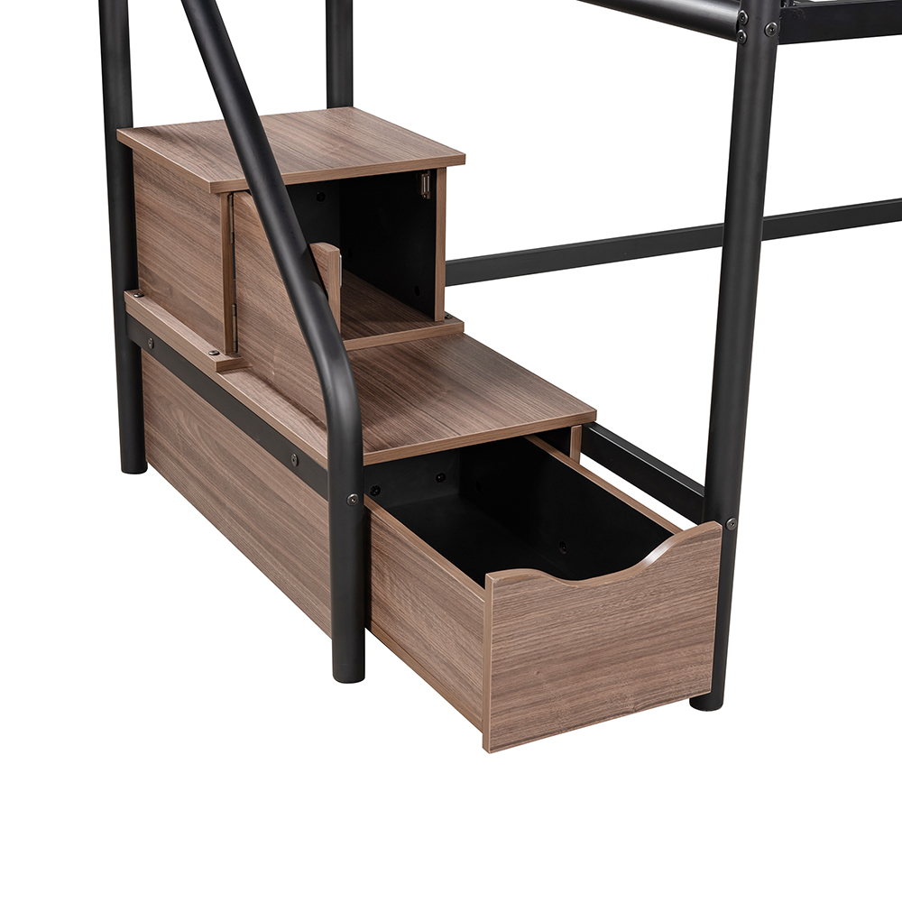 Twin-Size Loft Bed Frame with 2 Storage Stairs, and Metal Slats Support, Space-saving Design, No Box Spring Needed - Brown