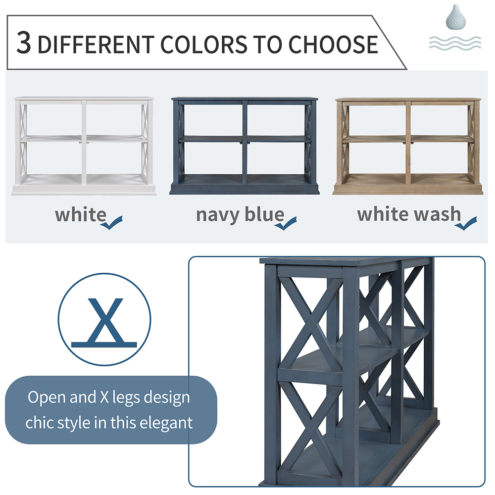 TREXM 46" Wooden Console Table with 3-Layer Open Storage Shelves, for Entrance, Hallway, Dining Room, Kitchen - Navy
