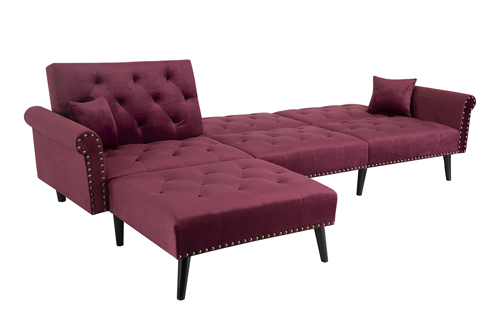 115" 4-Seat Velvet Upholstered Convertible Sofa Bed with Wooden Legs, for Living Room, Bedroom, Office, Apartment - Red