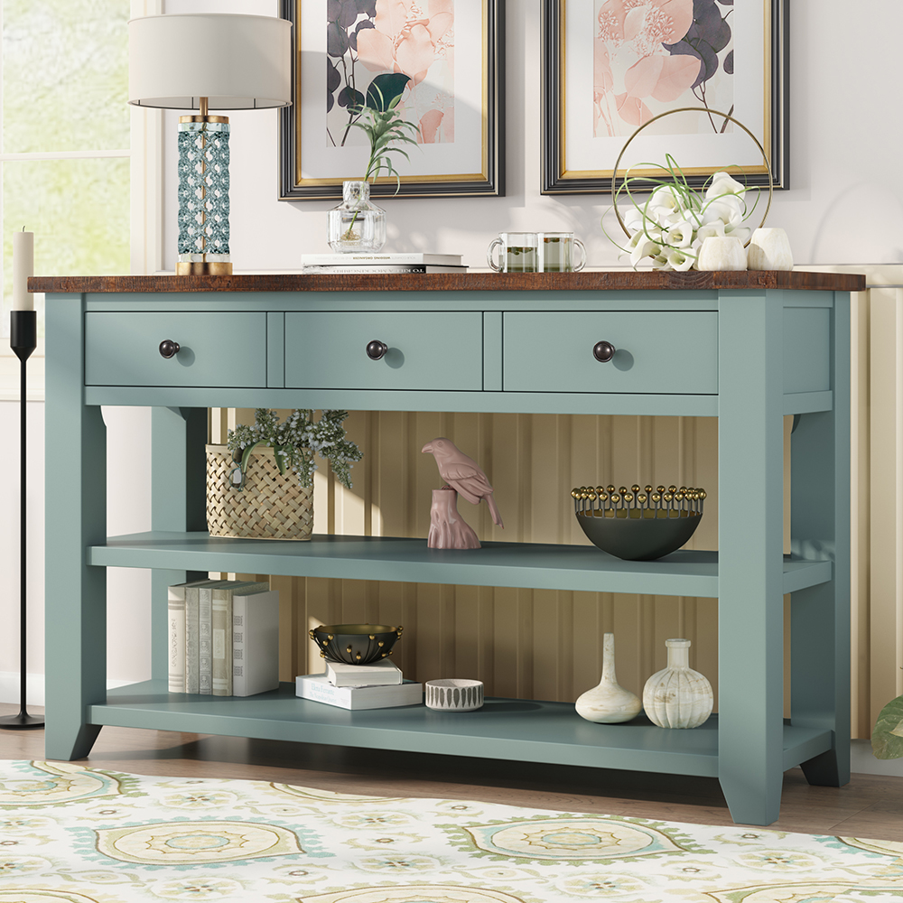 U-STYLE 48'' Modern Style Wooden Console Table with 3 Storage Drawers, and 2 Shelves, for Entrance, Hallway, Dining Room, Kitchen - Green + Brown
