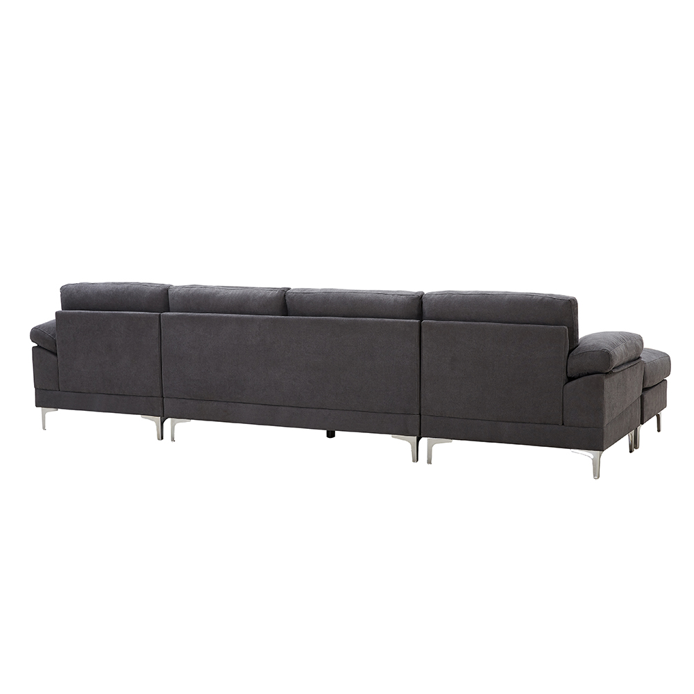 131" 5-Seat Fabric Upholstered Convertible Sectional Sofa with Ottoman, Wooden Frame, and Metal Legs, for Living Room, Bedroom, Office, Apartment - Dark Gray