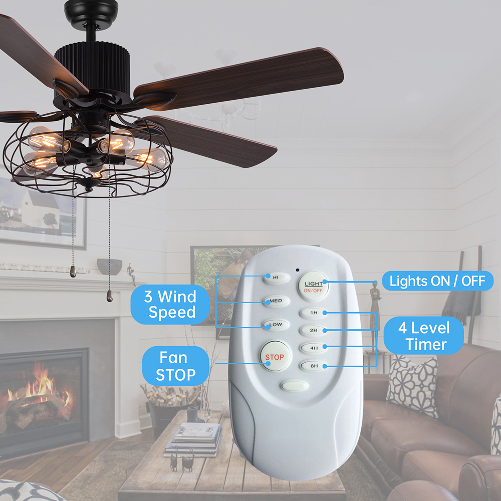 52" Metal Ceiling Fan Lamp with 5 Reversible Wood Blades, and Remote Control, for Living Room, Bedroom, Corridor, Dining Room - Black