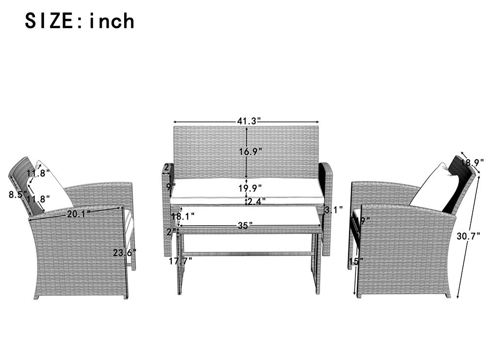 4 Pieces Outdoor Wicker Furniture Set, Including 2 Armchairs, Loveseat sofa, Tempered Glass Coffee Table, and 3 Cushions, for Garden, Terrace, Porch, Poolside - Brown