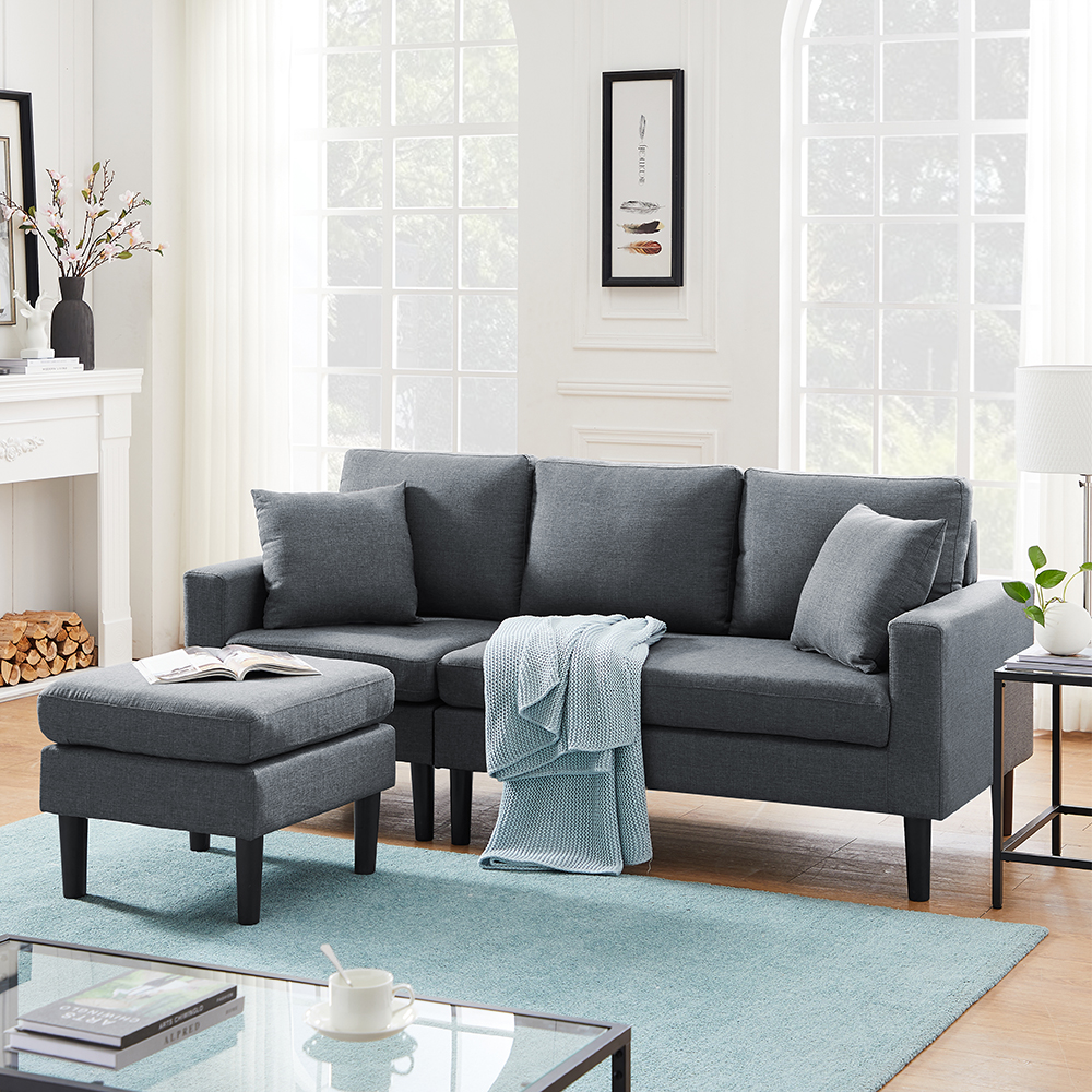 77.16" 4-Seat Microfiber Upholstered Sectional Sofa with Ottoman, and Wooden Frame, for Living Room, Bedroom, Office, Apartment - Dark Gray