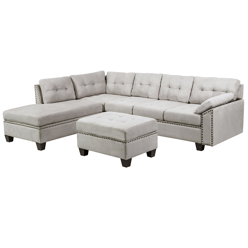 TREXM 105.1" Microsuede Upholstered Sectional Sofa with Storage Ottoman, Wooden Frame, and Plastic Legs, for Living Room, Bedroom, Office, Apartment - Gray