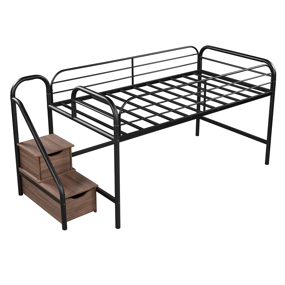 Twin-Size Loft Bed Frame with 2 Storage Stairs, and Metal Slats Support, Space-saving Design, No Box Spring Needed - Brown