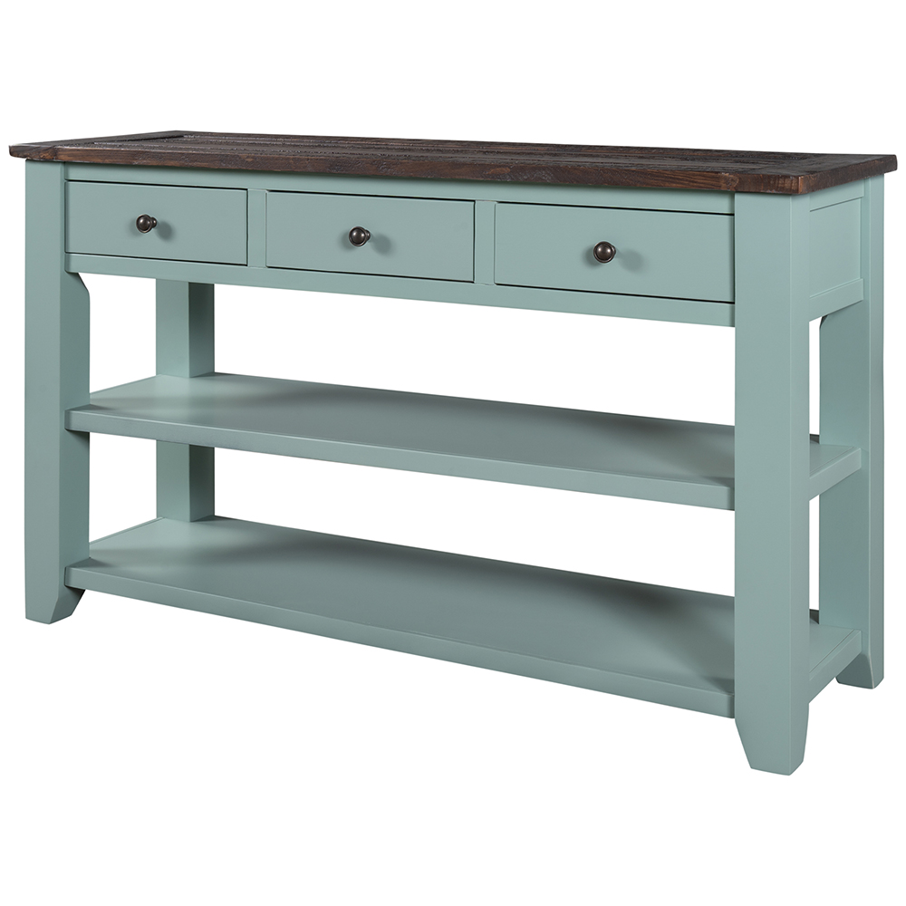 U-STYLE 48'' Modern Style Wooden Console Table with 3 Storage Drawers, and 2 Shelves, for Entrance, Hallway, Dining Room, Kitchen - Green + Brown