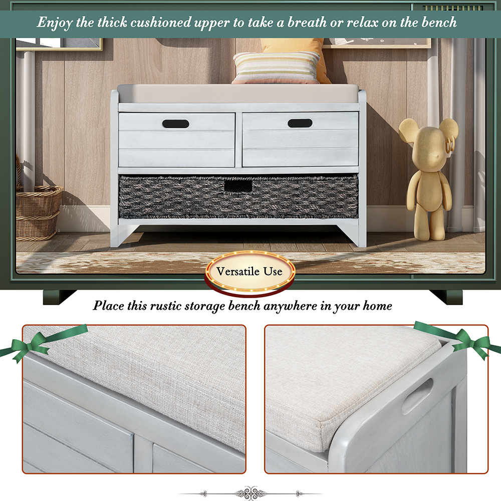 TREXM 32" Linen Blend Storage Bench with Removable Basket and 2 Drawers, for Entrance, Hallway, Bedroom - Light Gray