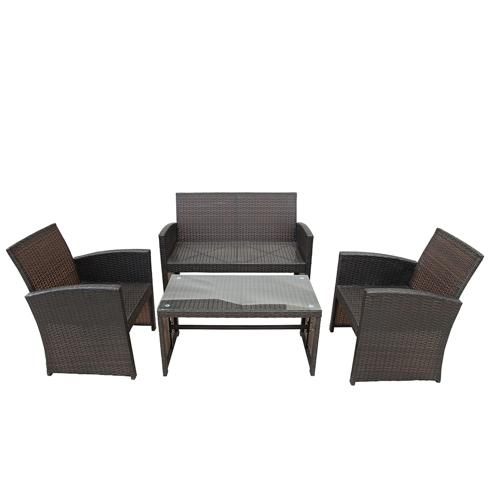 4 Pieces Outdoor Wicker Furniture Set, Including 2 Armchairs, Loveseat sofa, Tempered Glass Coffee Table, and 3 Cushions, for Garden, Terrace, Porch, Poolside - Brown