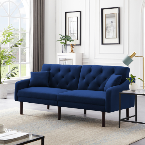 74.8" 2-Seat Velvet Upholstered Sofa Bed with 2 Pillows, and Wooden Frame, for Living Room, Bedroom, Office, Apartment - Blue