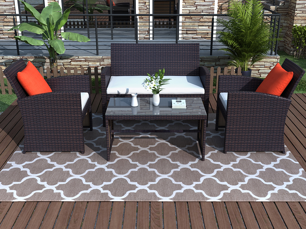 4 Pieces Outdoor Wicker Furniture Set, Including 2 Armchairs, Loveseat sofa, Tempered Glass Coffee Table, and 3 Cushions, for Garden, Terrace, Porch, Poolside - Brown