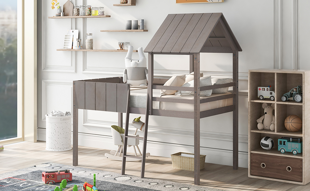 Twin-Size House-Shaped Loft Bed Frame with Guardrail, Ladder, and Wooden Slats Support, Space-saving Design, No Box Spring Needed - Gray Wash