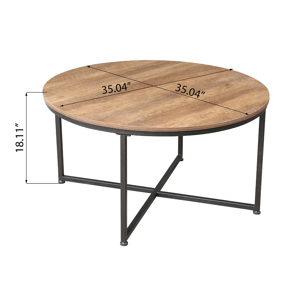 35" Round Wooden Coffee Table, with Metal Frame, for Kitchen, Restaurant, Office, Living Room, Cafe - Light Brown