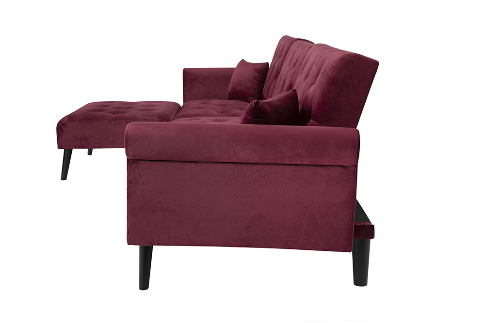 115" 4-Seat Velvet Upholstered Convertible Sofa Bed with Wooden Legs, for Living Room, Bedroom, Office, Apartment - Red