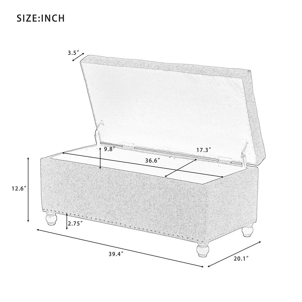 U-STYLE 39.4" Upholstered Storage Bench with Tufted Top, and Rubber Wood Legs, for Entrance, Hallway, Bedroom - Gray