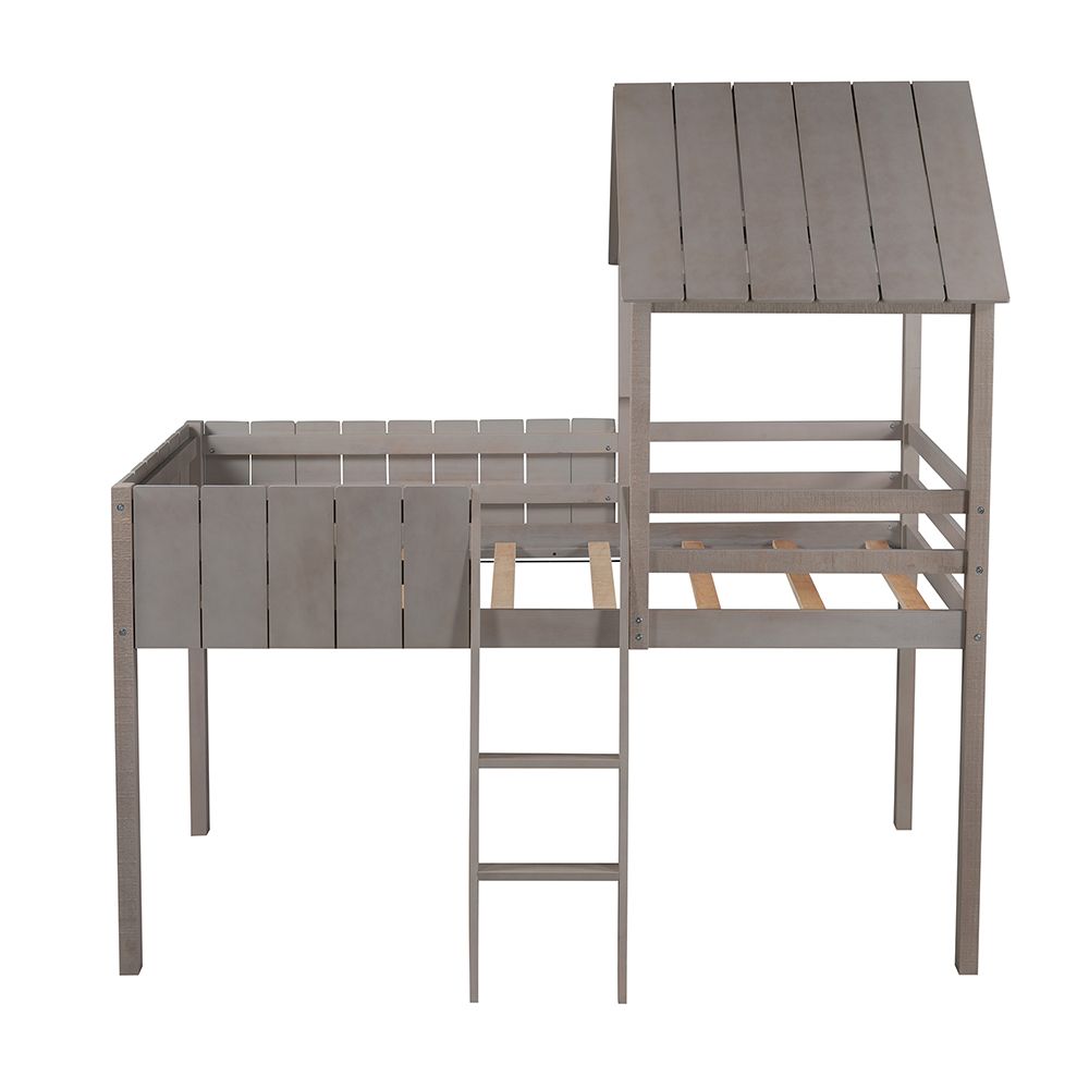 Twin-Size House-Shaped Loft Bed Frame with Guardrail, Ladder, and Wooden Slats Support, Space-saving Design, No Box Spring Needed - Gray Wash