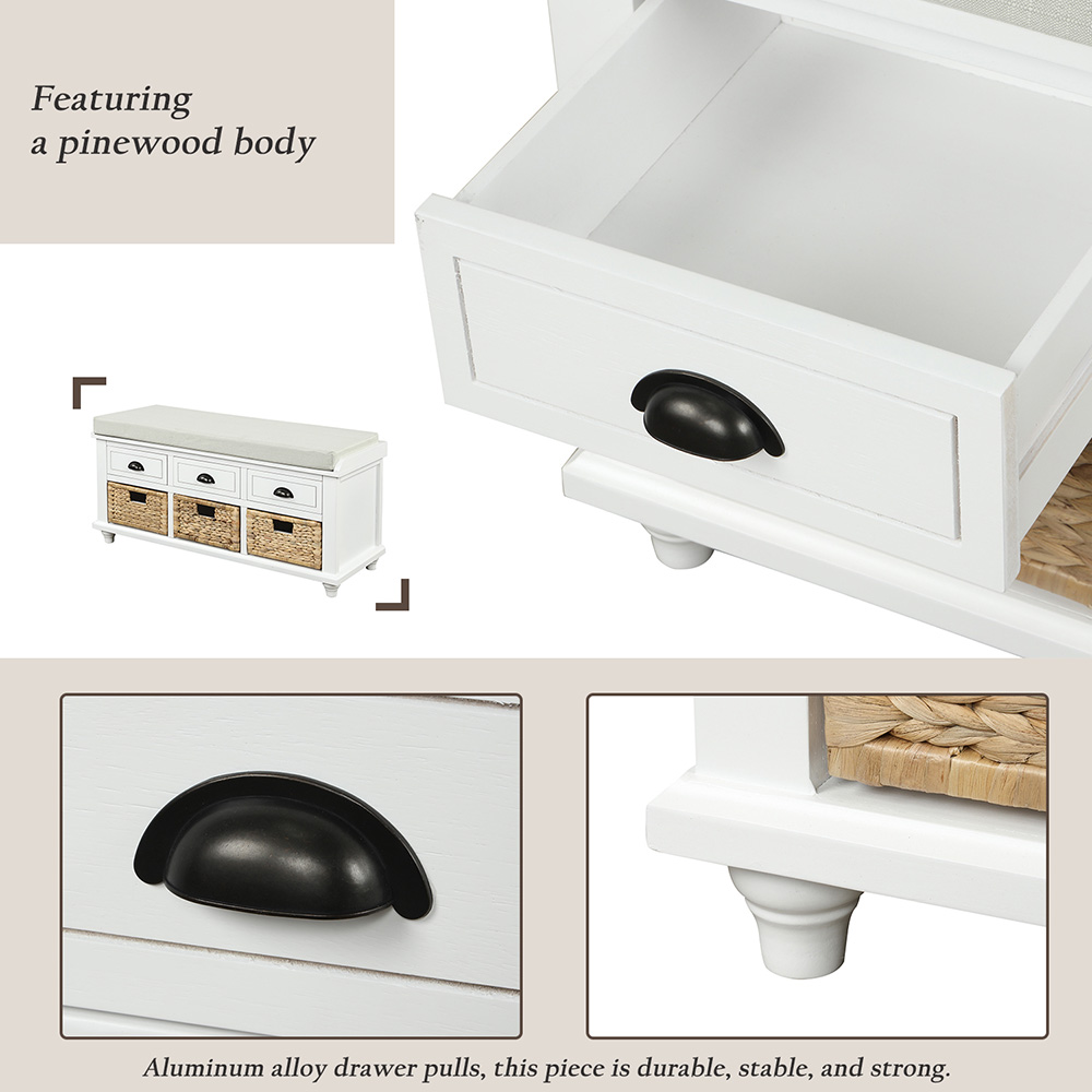 TREXM 42.1" Rustic Style Storage Bench with 3 Drawers, 3 Rattan Baskets, and Removable Cushion, for Entrance, Hallway, Bedroom, Living Room - White