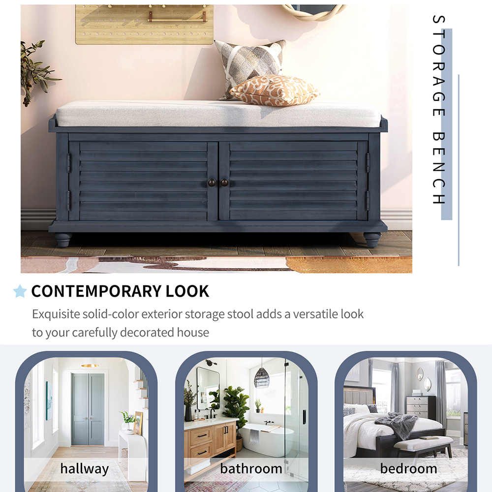 TREXM 43.4" Louver Design Upholstered Storage Bench with Removable Cushion, and Wooden Frame, for Entrance, Hallway, Bedroom, Living Room - Blue