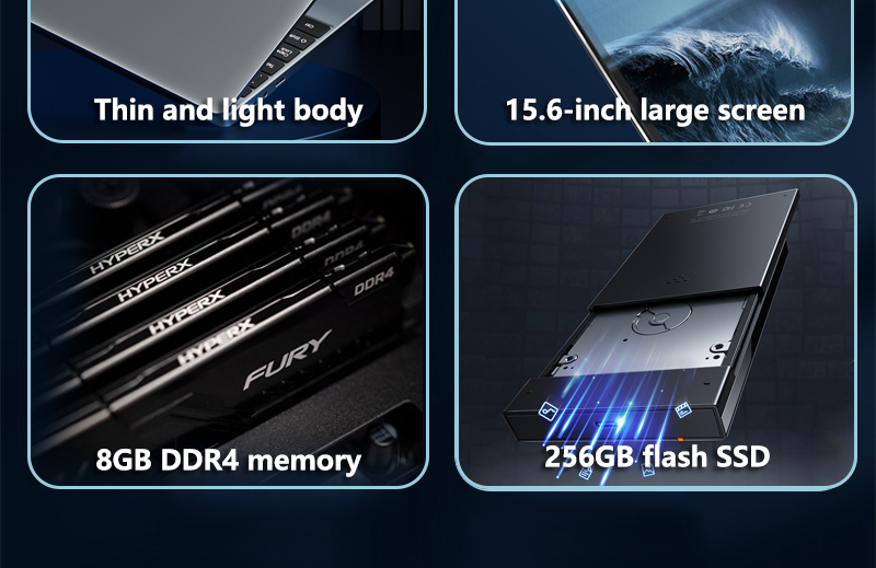 KUU A10 Laptops Intel Celeron J4125 Processor 15.6-inch IPS Screen Office Notebook 8GB RAM 256GB SSD Windows 10 - Black