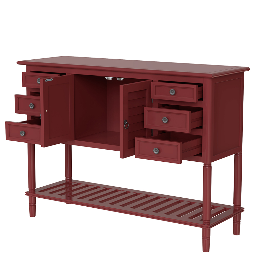 U-STYLE 45'' Retro Style Wooden Console Table with 6 Storage Drawers, 1 Cabinets and Bottom Shelf, for Entrance, Hallway, Dining Room, Kitchen - Red