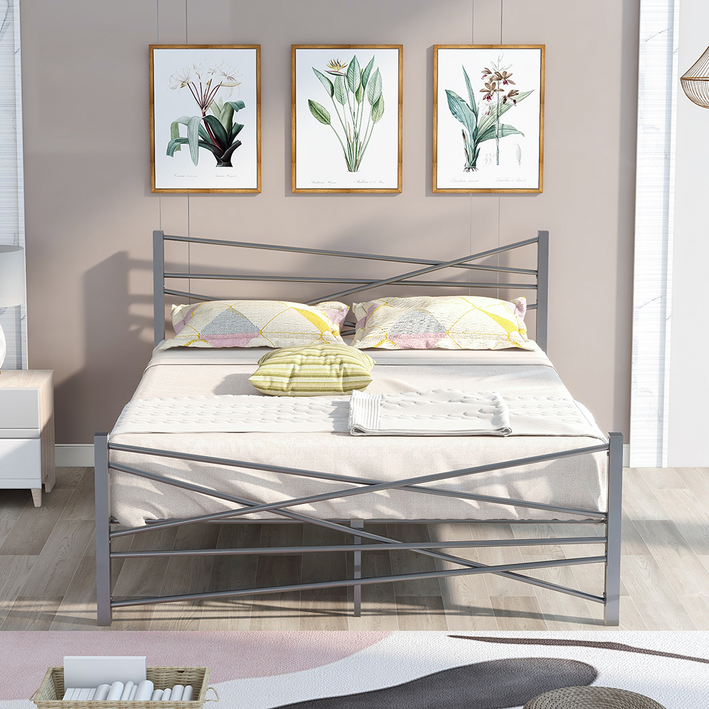 Queen-Size Platform Bed Frame with Headboard and Metal Slats Support, No Box Spring Needed (Only Frame) - Silver