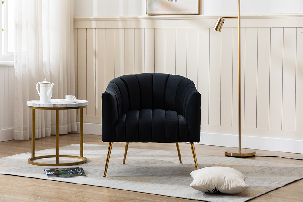 28" Velvet Tufted Upholstered Chair with Curved Backrest and Metal Legs, for Living Room, Bedroom, Dining Room, Office - Black