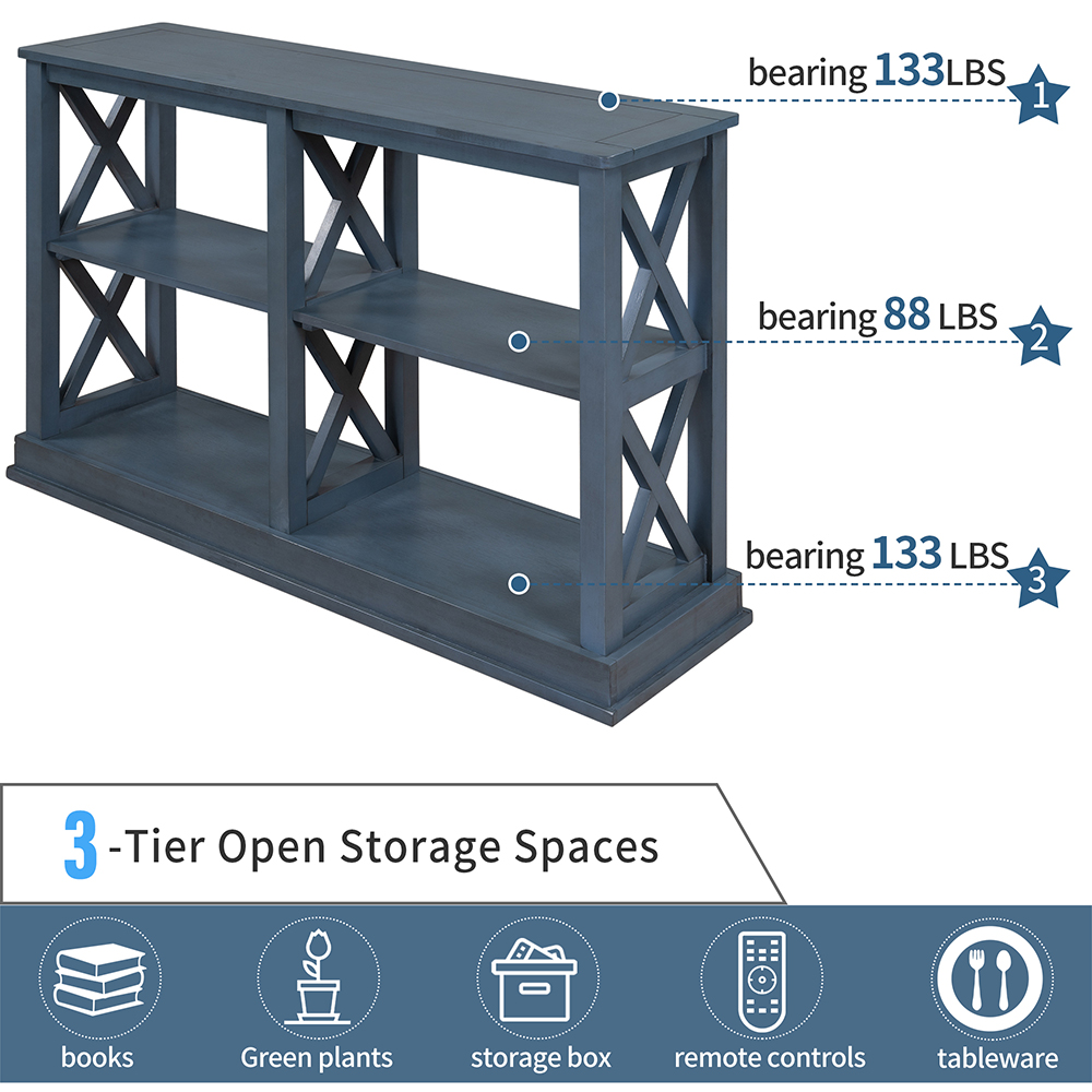 TREXM 46" Wooden Console Table with 3-Layer Open Storage Shelves, for Entrance, Hallway, Dining Room, Kitchen - Navy