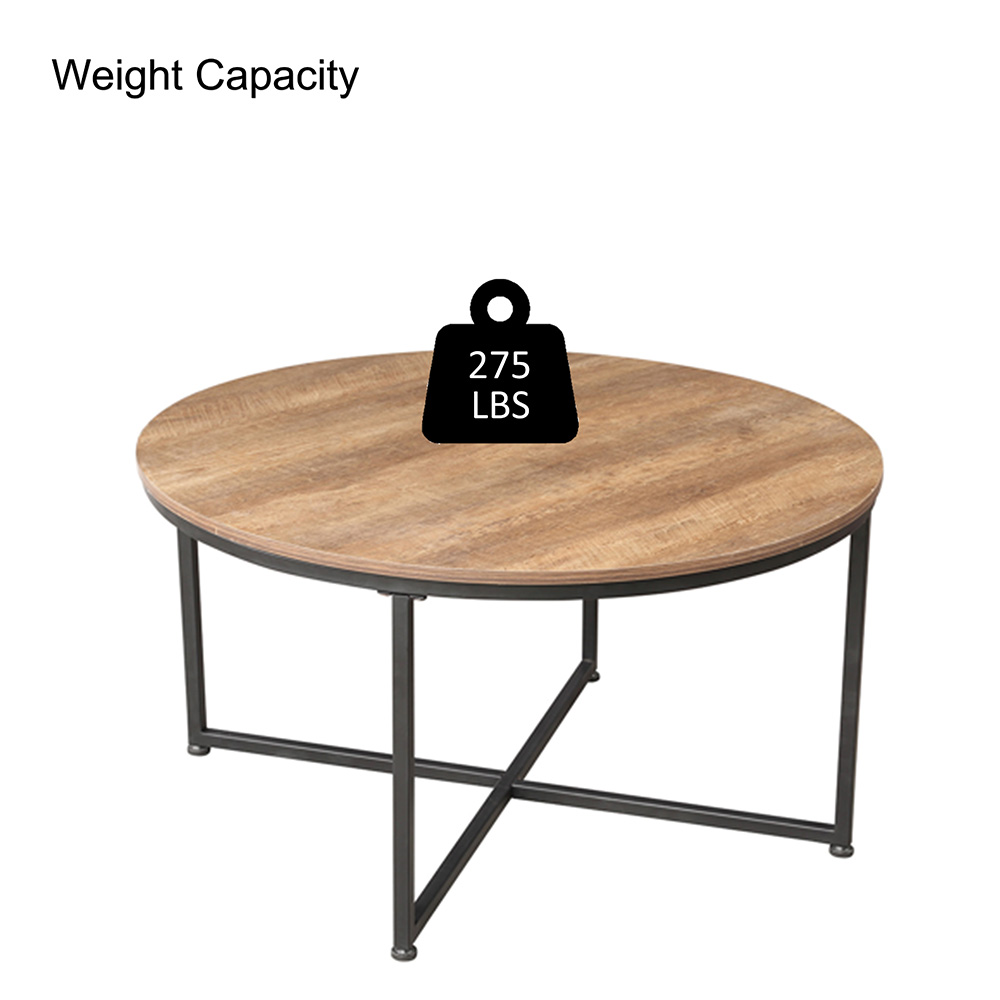 35" Round Wooden Coffee Table, with Metal Frame, for Kitchen, Restaurant, Office, Living Room, Cafe - Light Brown