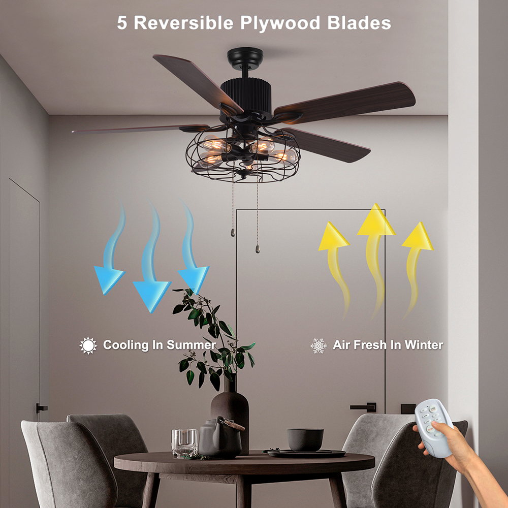 52" Metal Ceiling Fan Lamp with 5 Reversible Wood Blades, and Remote Control, for Living Room, Bedroom, Corridor, Dining Room - Black